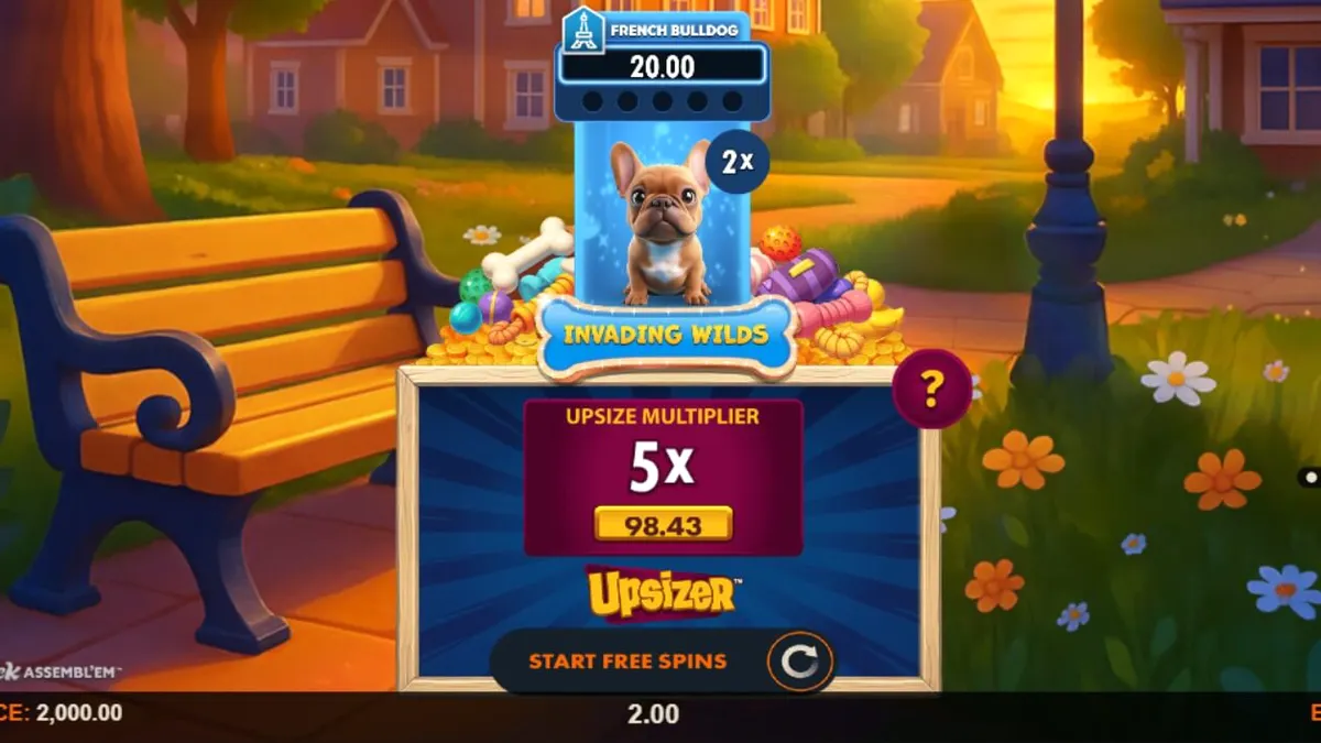Tampilan visual slot Paw Pack Assembl’Em dengan karakter anjing yang lucu