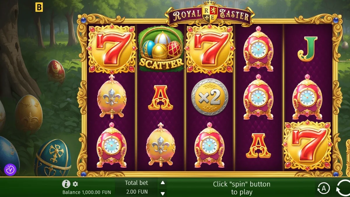 Tampilan visual mewah slot Royal Easter dengan latar belakang taman istana dan telur Fabergé