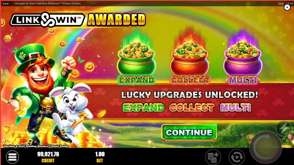 Tampilan visual slot Harrigan & Hare Rainbow Bonanza Power Combo dengan latar belakang perbukitan hijau dan pelangi.
